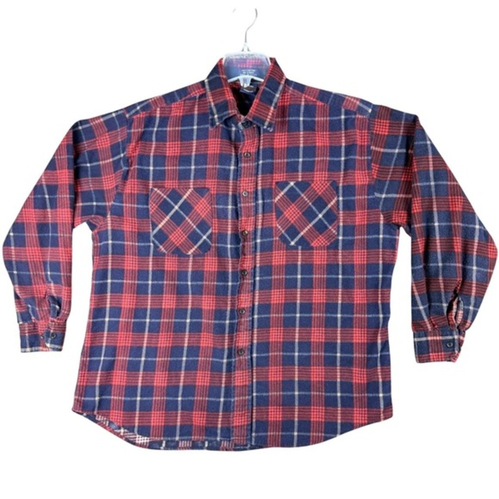 Vtg 90s Saugatuck Dry Goods Men's XL Red Navy Blue Plaid Flannel Button Up Shirt